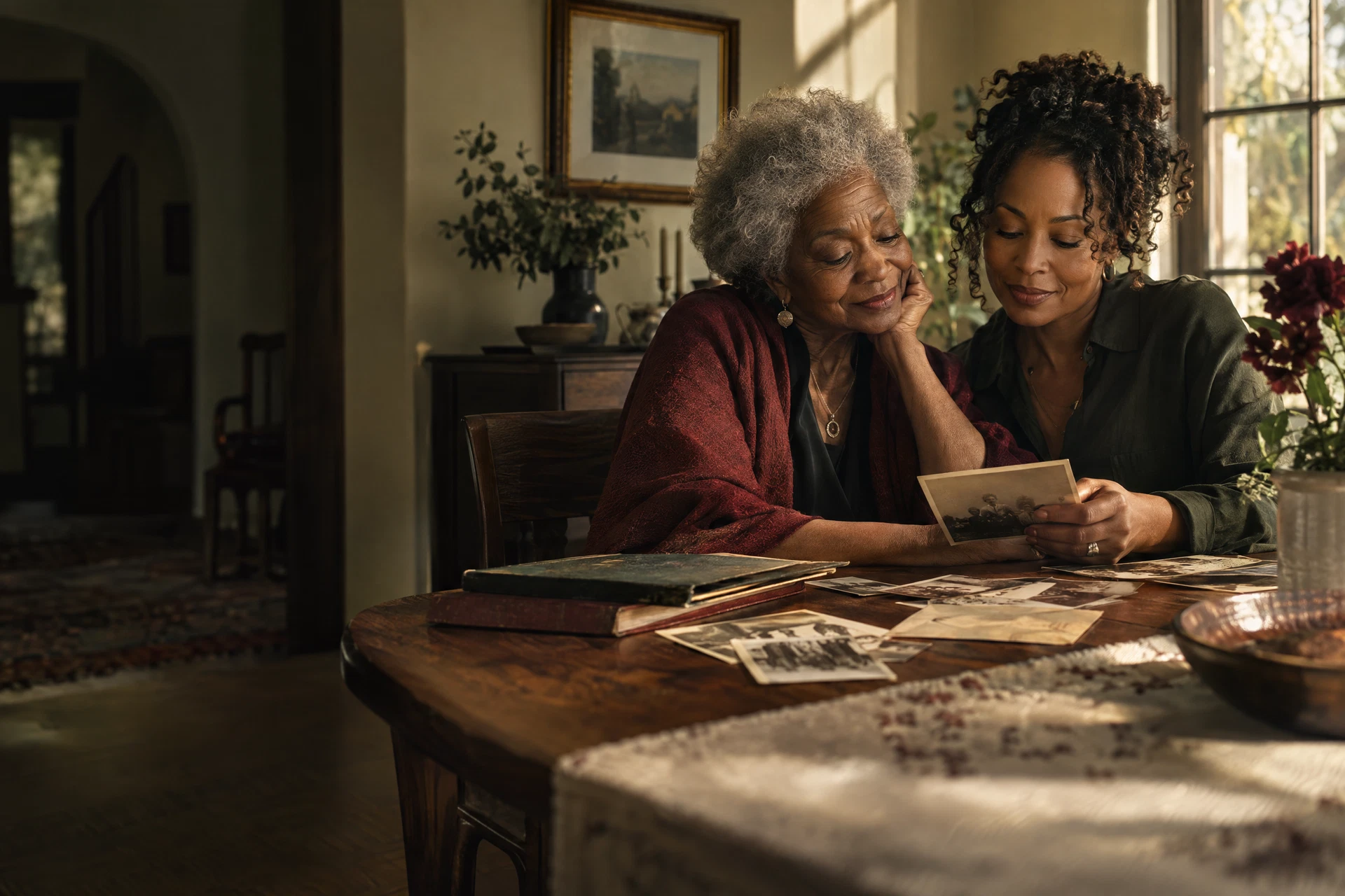 A grandmother and adult daughter looking through family photographs together